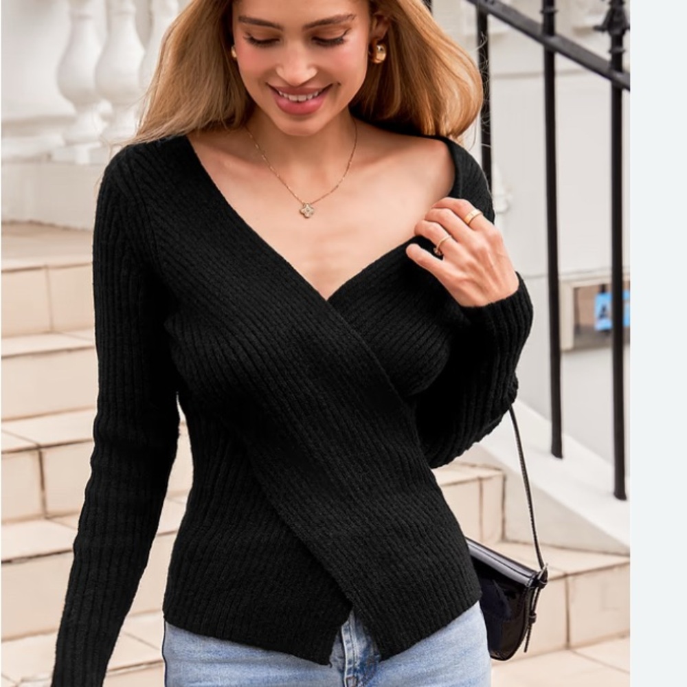 Cupshe Black Ribbed Stretch Wrap Sweater Size Large